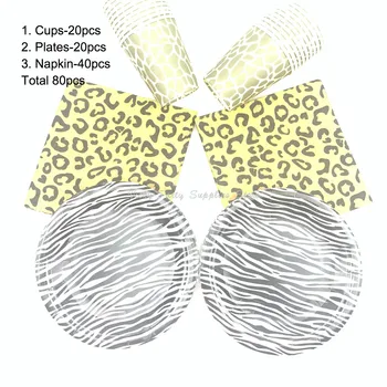 

80pcs/lot Leopard Theme Party Disposable Tableware Cartoon Animals Birthday Baby Shower Plate Cup Flag Party Decoration Supplies