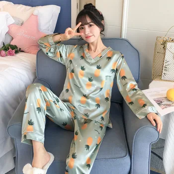 

Spring 2020 V-neck Pullover Women's Home Service Suit Silk Printed Thin Long-Sleeved Pajamas Loungewear Women Clothing