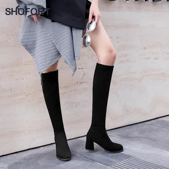 

SHOFORT Knee-high Motorcycle Boots 2020 Thick-heeled Sexy Suede Leather Long Tube Winter Women Boots Warm All-match Thin Shoes