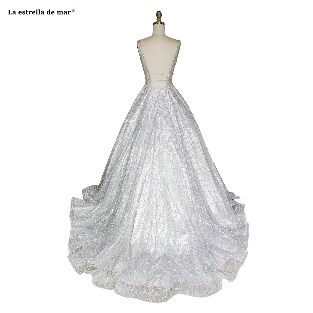 Большой размер, халат de mariee, Новое Кружевное сексуальное платье с блестками и v-образным вырезом, Серебряное свадебное платье в стиле бохо, со шлейфом, suknia slubna