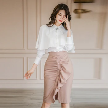 

Two Piece Set Women Office Lady White Turn Down Collar Summer Blouse Shirts + High Waist Ruffles Pencil Skirt Set Plus Size A592