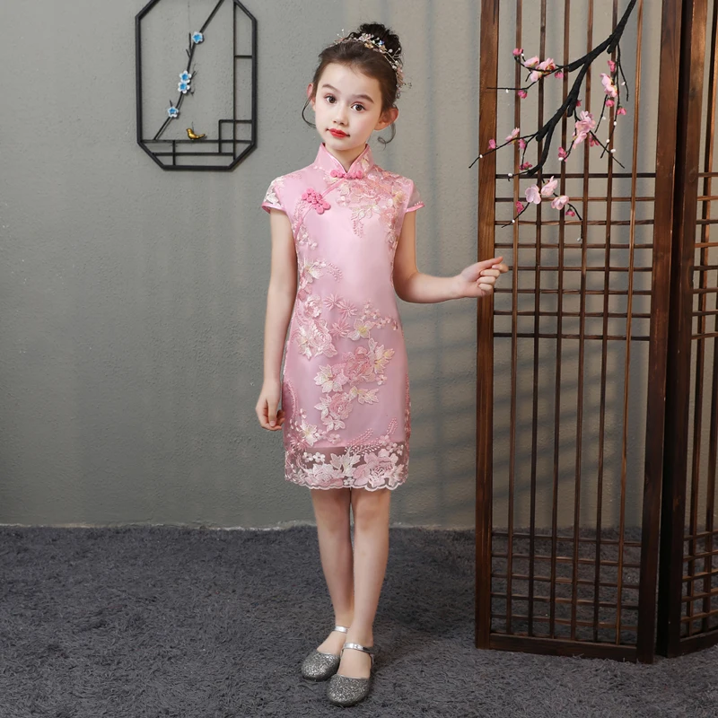 Китайское qipao детское летнее кружевное платье Ципао принцессы с цветочной