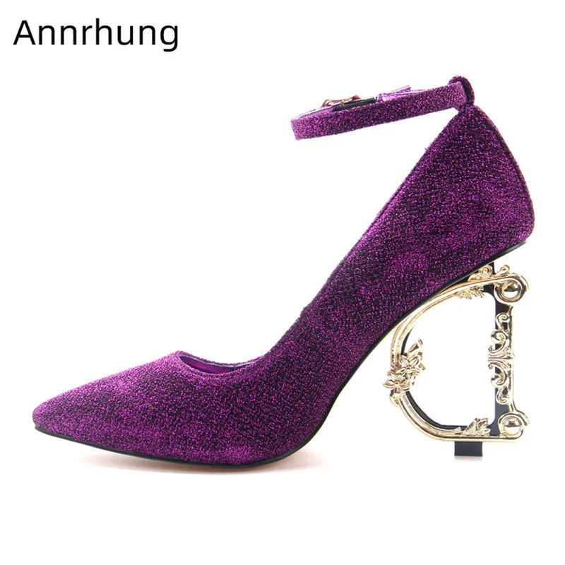 

Luxury Glitter Shoes Woman Metal Letter Heel Pumps Concise Pointed Toe Ankle Buckle 10cm Strange Heel Shoes Bling Wedding Pumps