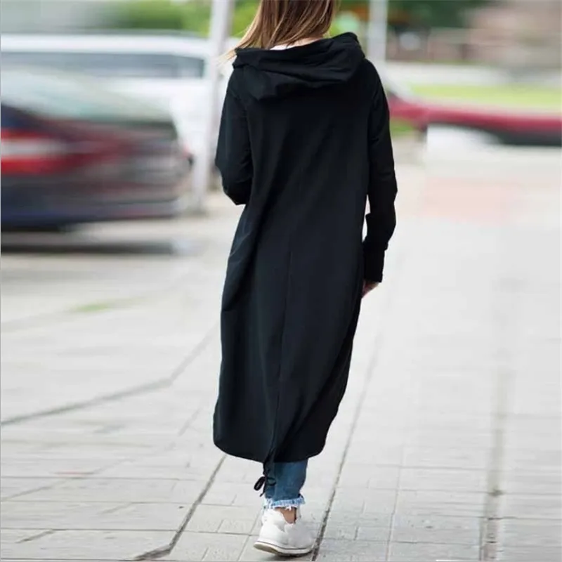 Autumn Hooded Long Sleeve Zip Sweatshirt Hoodies Coat Women Solid Long Jacket Irregular Hem Black Outwear Plus Size