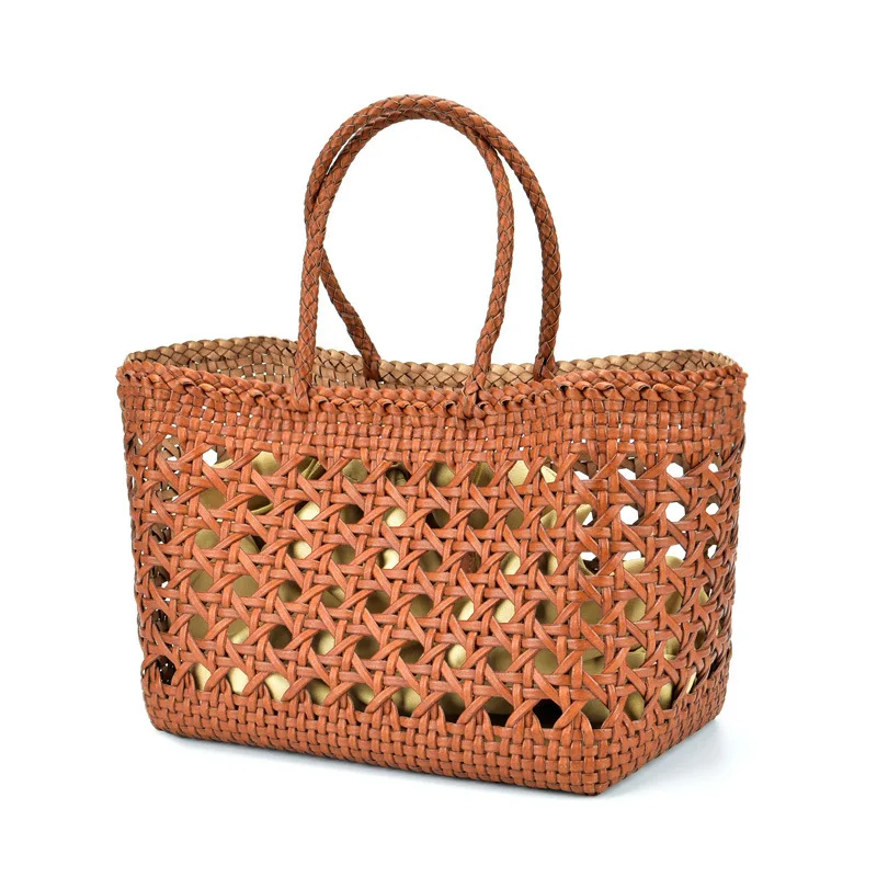 

2019 new women's bag Luxury Genuine Leatherr woven design ladies bag High quality cowhide handmade Openwork dish basket bag