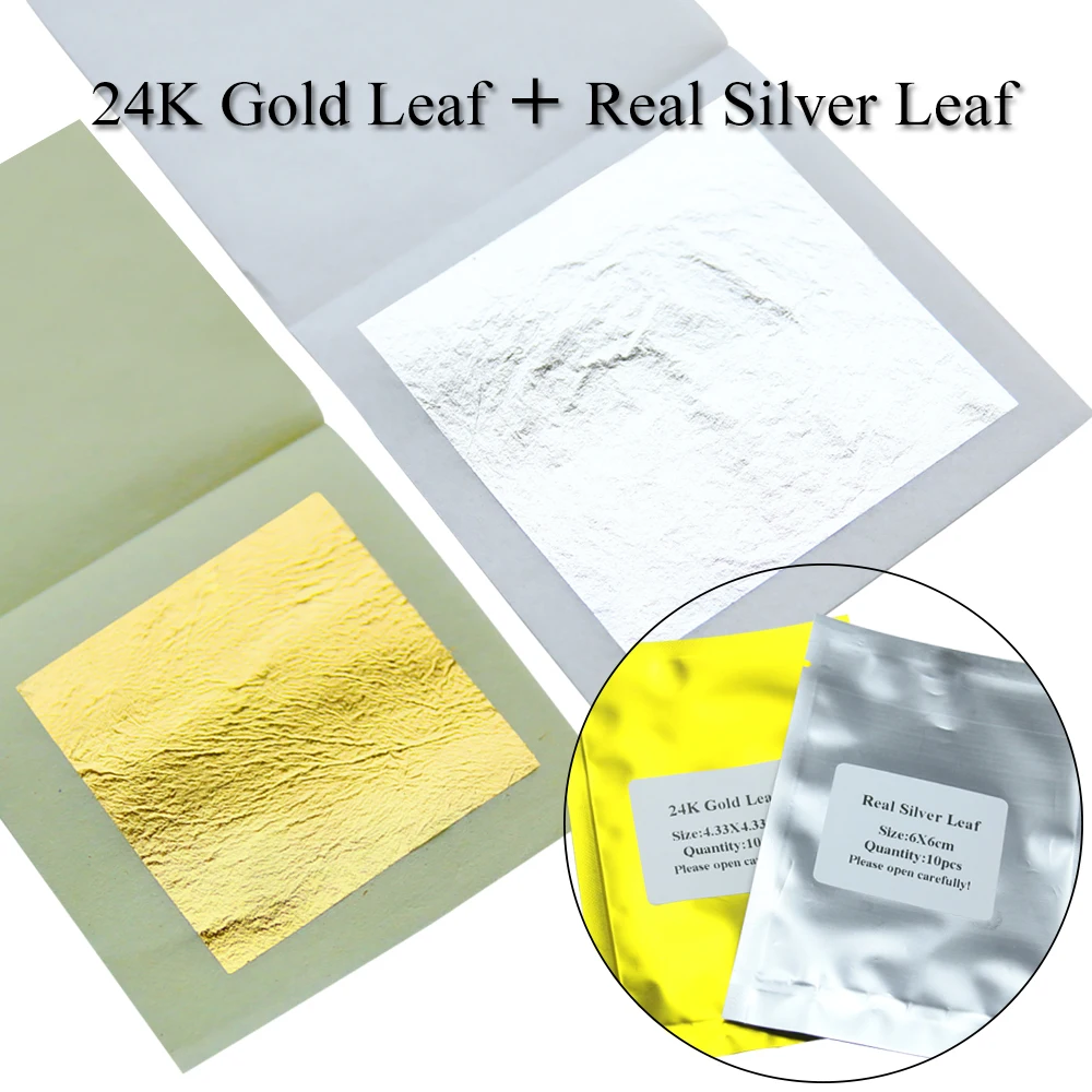 

24K Real Edible Beauty mask 10 sheets gold leaf foil 4.33X4.33cm and 10 sheets Silver leaf foil 6X6cm