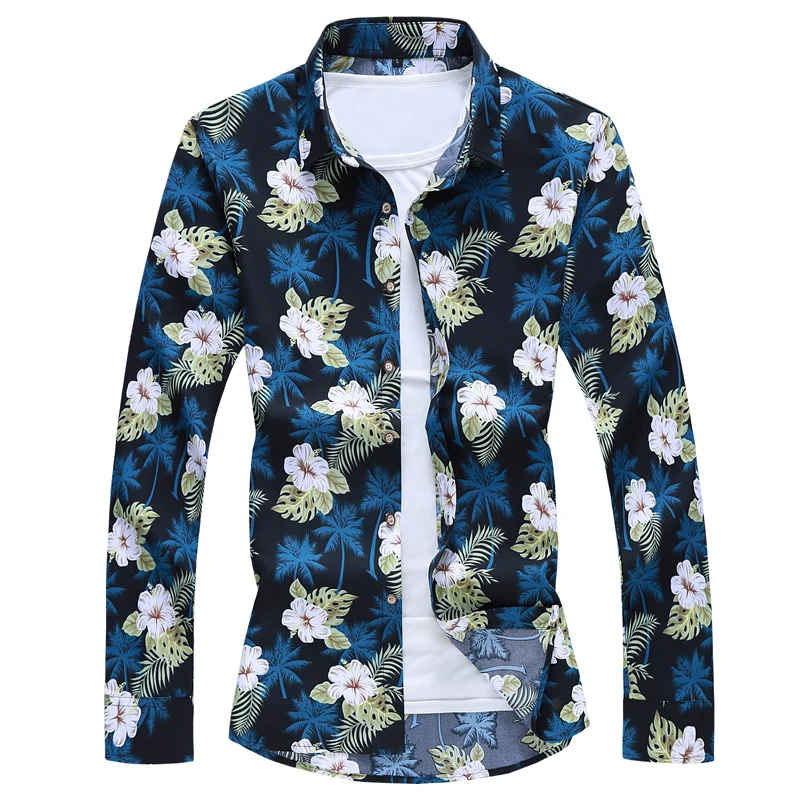 Chinese Style 2019 Autumn Spring Clothes Shirt Men Long Sleeves Big Size M-5XL 6XL 7XL Hawaiian Beach Casual Floral Shirt