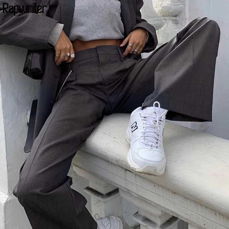 Rapwriter Casual High Waist Straight Pants For Women Suit Pants 2020 Streetwear Ladies Loose Trousers Pockets Full Length Bottom Rapwriter Casual High Waist Straight Pants For Women Suit Pants 2020 Streetwear Ladies Loose Trousers Pockets Full Length Bottom