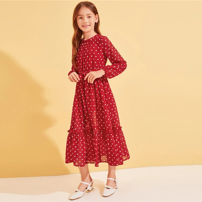 SHEIN Kiddie/милое красное платье в горошек с оборкой и поясом для девочек г., осенние длинные платья с длинными рукавами и рюшами