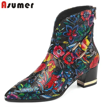 

ASUMER 2020 top quality print ankle boots women pointed toe zip square heel party wedding shoes ladies autumn winter boots