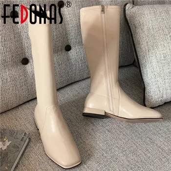 

FEDONAS Concise Retro 2020 Winter Side Zipper High Women's Boots Square Toe Thick High Heels Pumps Party Casual Shoes Woman