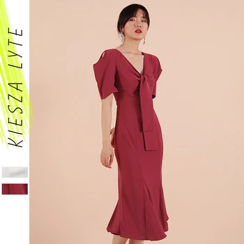 

Elegant Women Dress 2020 Spring Summer Solid White Red Chic Slim Hollowed Out Lantern Sleeves Party Fishtail Dresses Vestidos