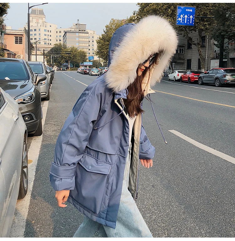 Зимний утолщенный теплый длинный пуховик для женщин, белый утиный пух, куртка, пальто, женский большой меховой воротник, с капюшоном, Свободный корейский пуховик