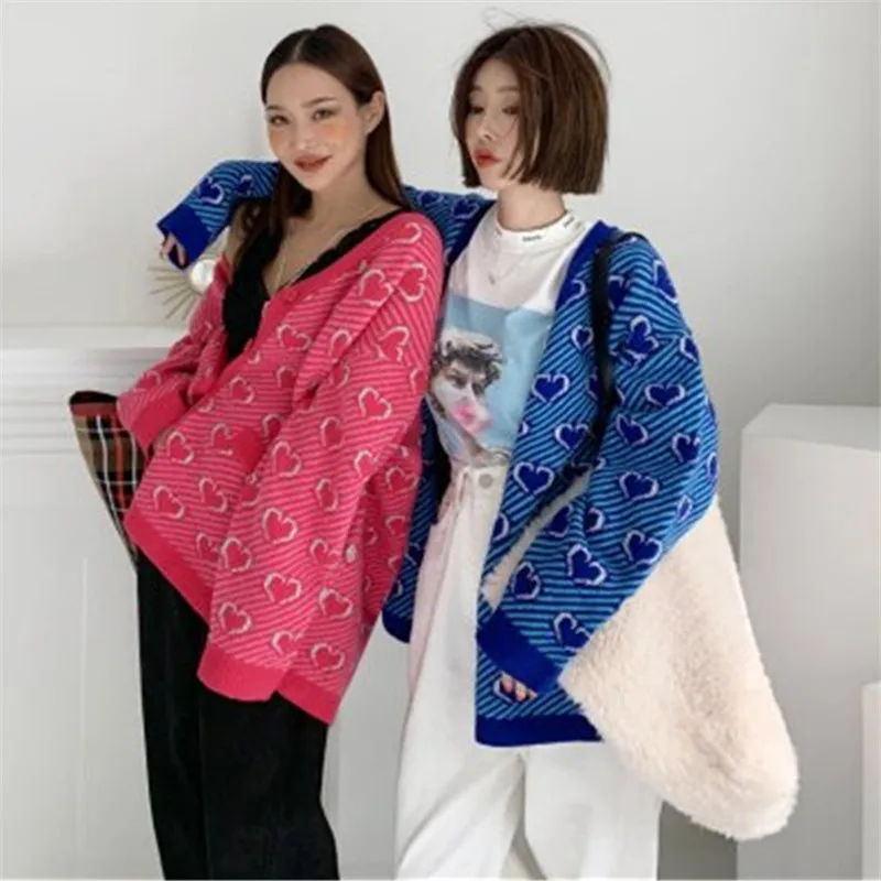 RUGOD Autumn Winter New Style Chic Love Pattern Plus Size Women V-neck Stripe Cardigan Fashion Kpop Clothes