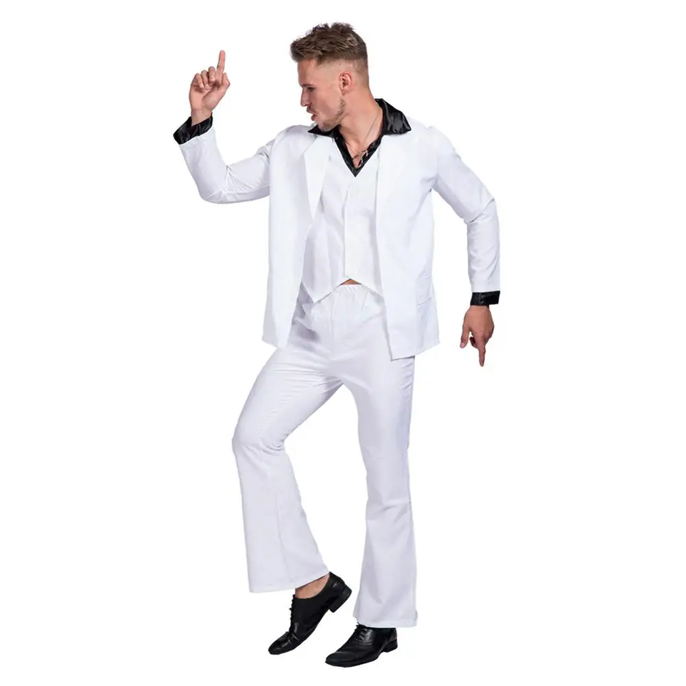 Ретро диско костюм для ролевых игр лихорадка танцор Stagewear клеш Маскарад белый на
