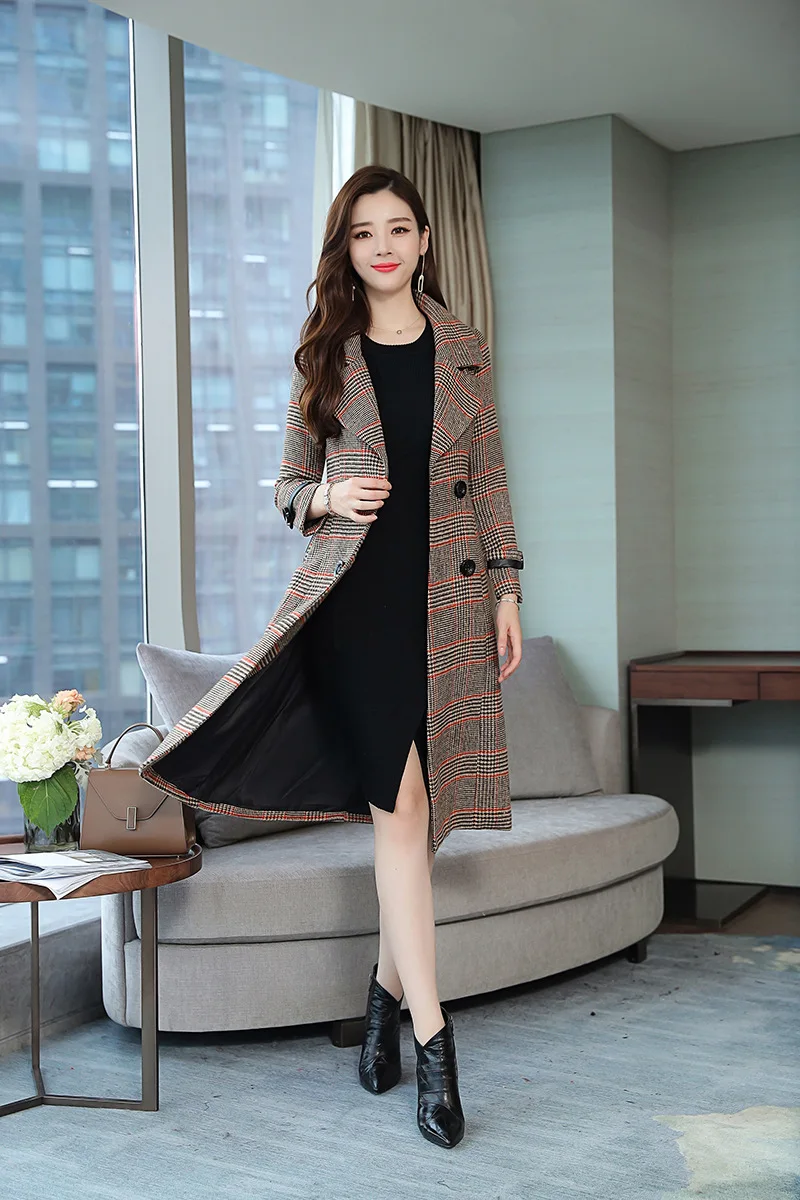Корейская мода клетчатая ветровка Женская двубортная зима осень кашемировое шерстяное пальто