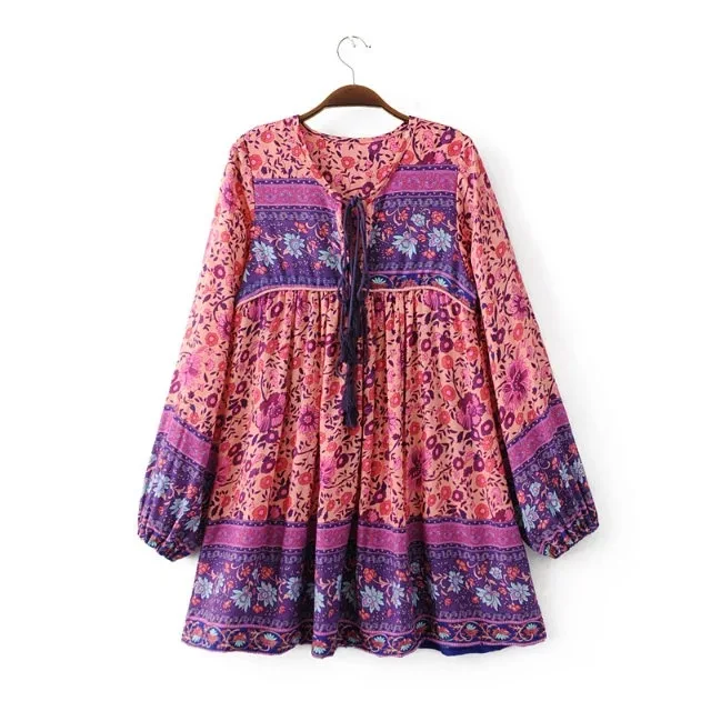 

2017 Spring WOMEN'S Dress New Style Ethnic-Style Bohemian Long Sleeve Lace-up Rayon Dress 8107