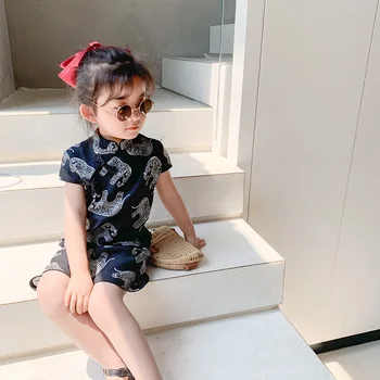 

2020 summer new children's clothing girls' retro cat buckle cheongsam baby summer dress 2-59