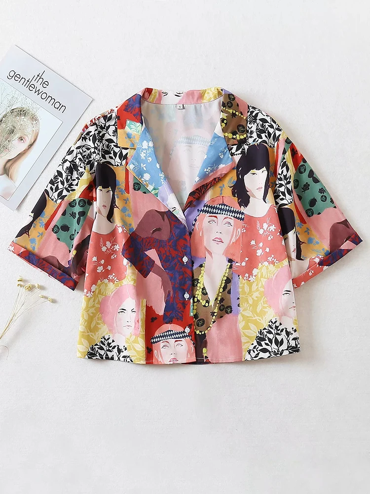 

BIAORUINA Women's Character Printing Fashion V-neck Shirt Short Sleeve Female Beach Style Summer Casual Shirts Blouse
