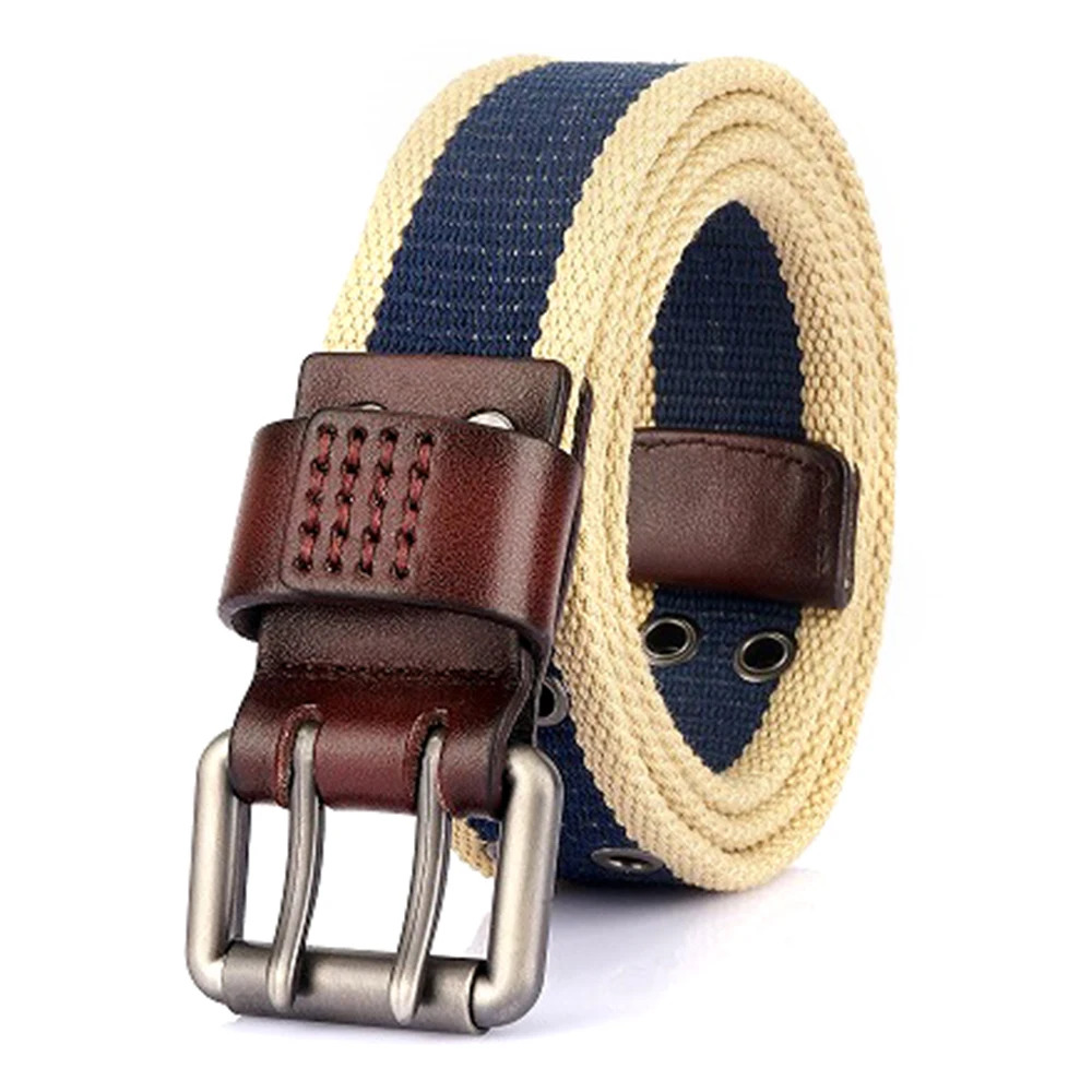 mens black leather belt 2021 New Thickened Canvas Men's Double Needle Buckle Belt Jeans Leisure Inner Belt Travel Riding 3.8cm black leather belt Belts