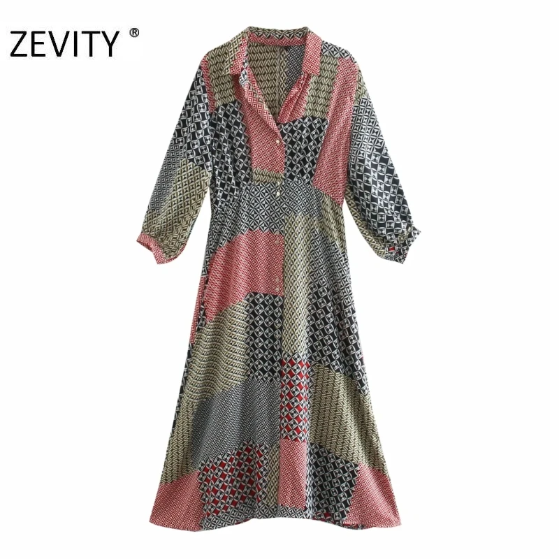 ZEVITY New women vintage cloth patchwork geometric print shirt dress office ladies retro casual slim vestido chic dresses DS4427