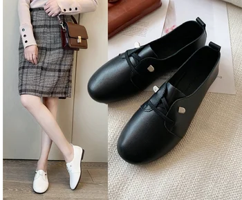 

2020 New Women's Loafers Leather Flat Shoes Women Moccasins Ladies Female Flats Lace Up Breathable Lightweight Shoe