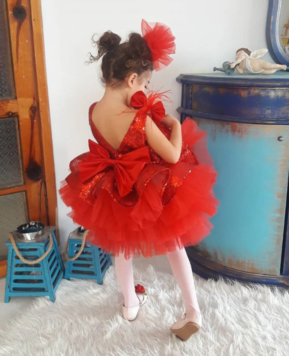 Платье-пачка для девочек красное вечерние блестками и бантом свадьбы дня