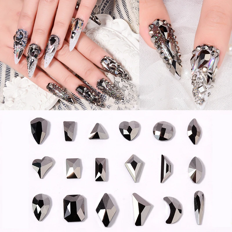 Mioblet Mix Sizes 300pcs Crystal Black AB Nail Art Rhinestones DIY Non Hotfix Flatback Acrylic Nail Stones Gems for 3D Nails Art Decorations (Black AB)