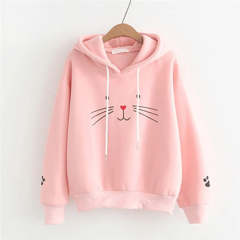 Pink Kawaii милые кошки укороченный толстовки осень для женщин кошка печатных размера плюс толстовка maletom дамы с длинным рукавом шляпа Туника розовый Kpop bangtan - Цвет: Pink