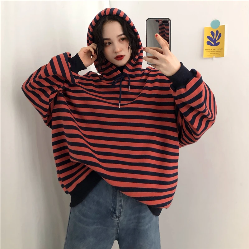 Новинка зимы, корейская мода ulzzang, свободная Ретро толстовка с капюшоном, Женская шикарная полосатая Толстовка Harajuku с круглым вырезом, Повседневная Женская толстовка