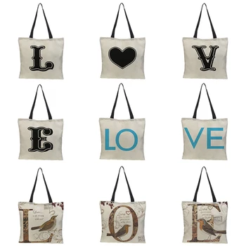 

CROWDALE Double-sided letter (LOVE) style Painted bag Women Large Linen Shopping Bag Handbag Bag Women Shoulder Pouch 43cm*43cm