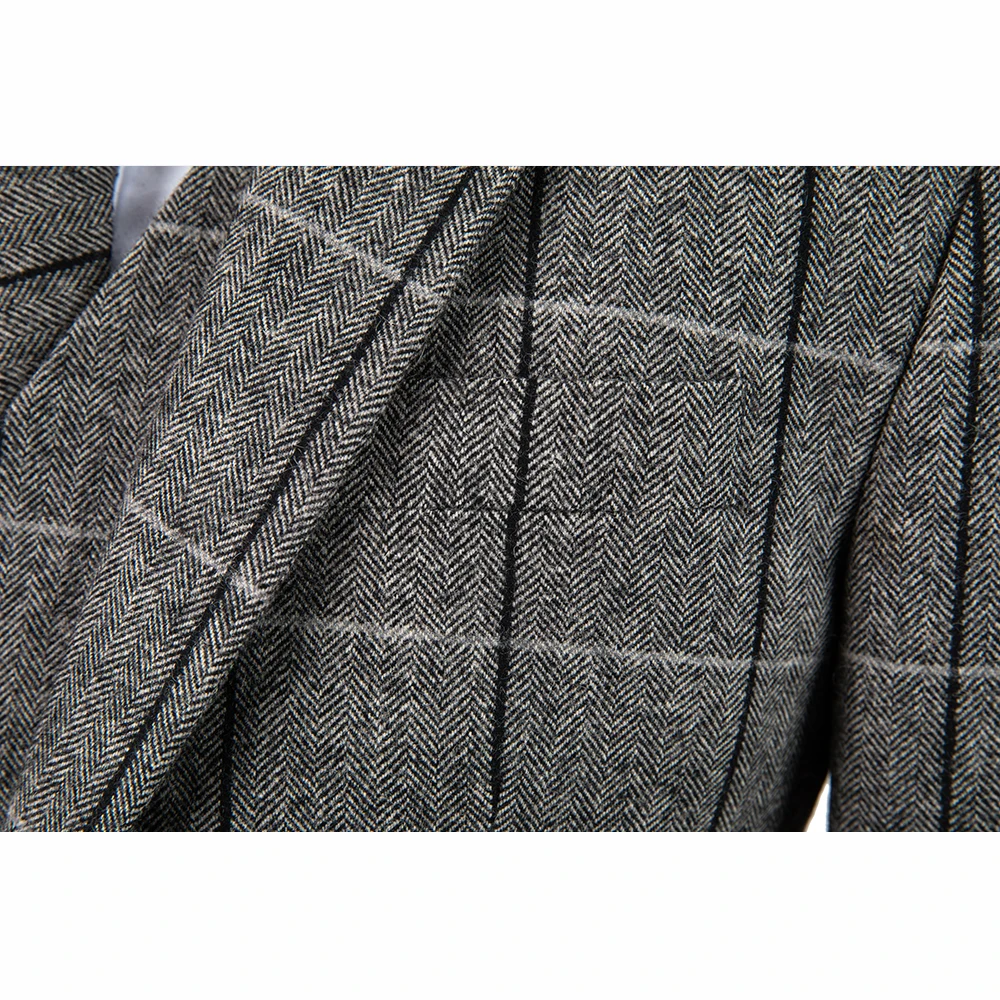 Шерстяные серые мужские костюмы в стиле ретро с узором «елочка» в джентльменском стиле, мужские костюмы с блейзером, 3 предмета(пиджак+ брюки+ жилет
