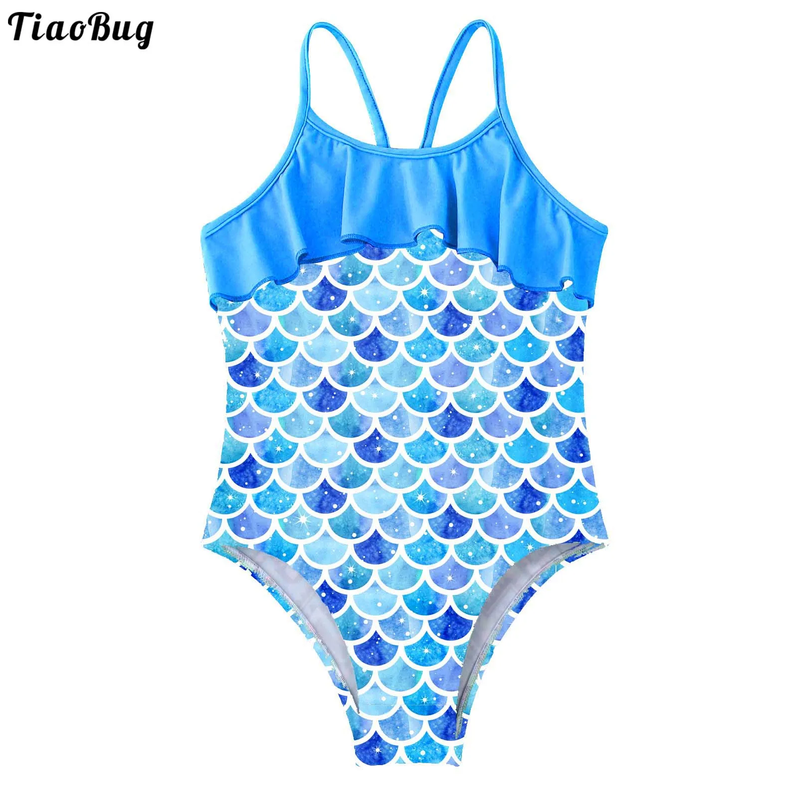 TiaoBug Summer 4 To 16 Years Kids Girls One-Piece Swimsuit Leotard Straps Hollow Out Ruffle Trim Bodysuit Beach Swimwear