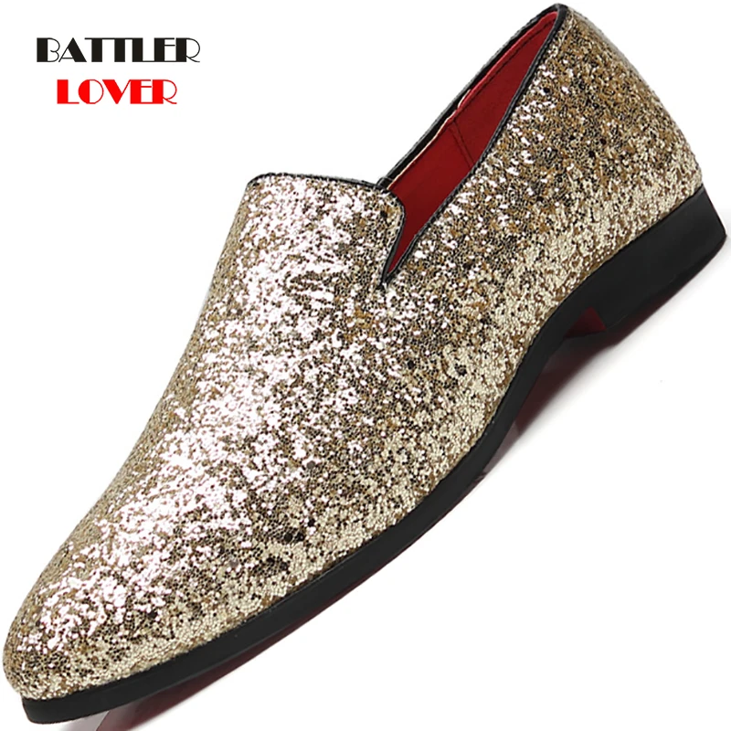 2019 New Diamond Pointed Toe Shoes Gold Silver Flat Leather Shoes Men Paillette Fashion Mens Leather Doug Loafer Dress Shoes