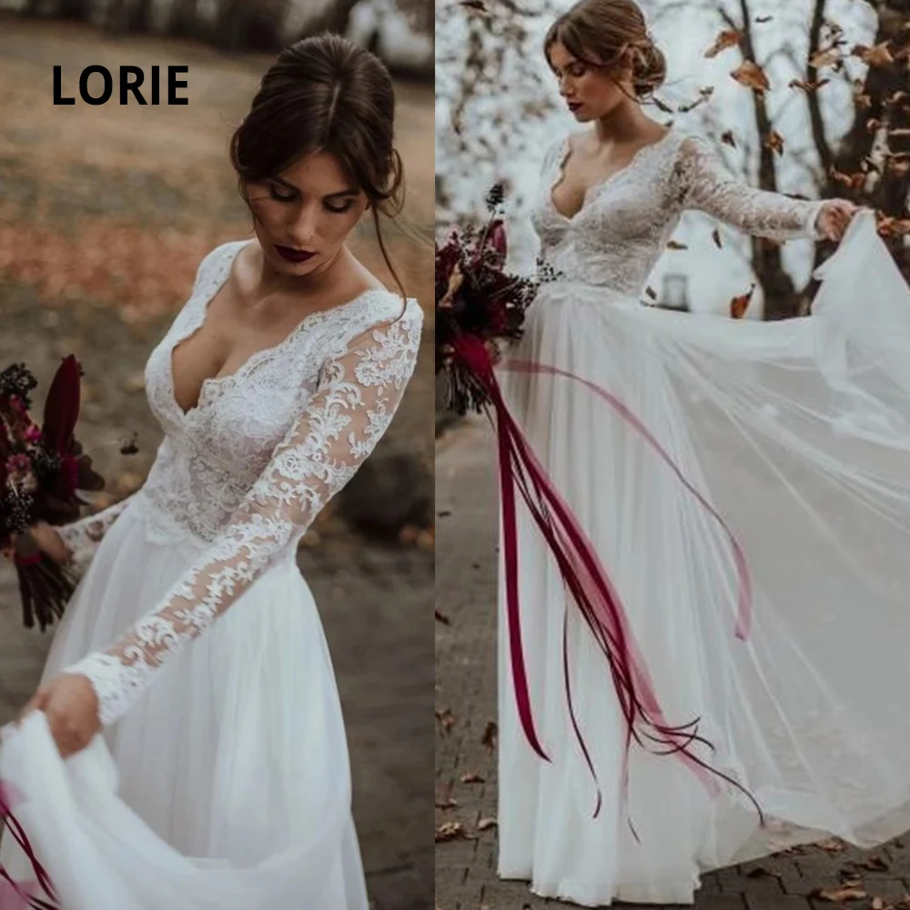 Кружевное пляжное свадебное платье LORIE с длинным рукавом и V-образным вырезом |