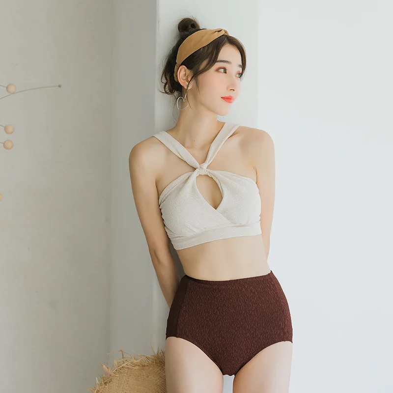 

South Korea Split Type Two-Piece Bikini High-waisted Belly Covering Size Chest Push up Halter Mixed Colors WOMEN'S Swimsuit