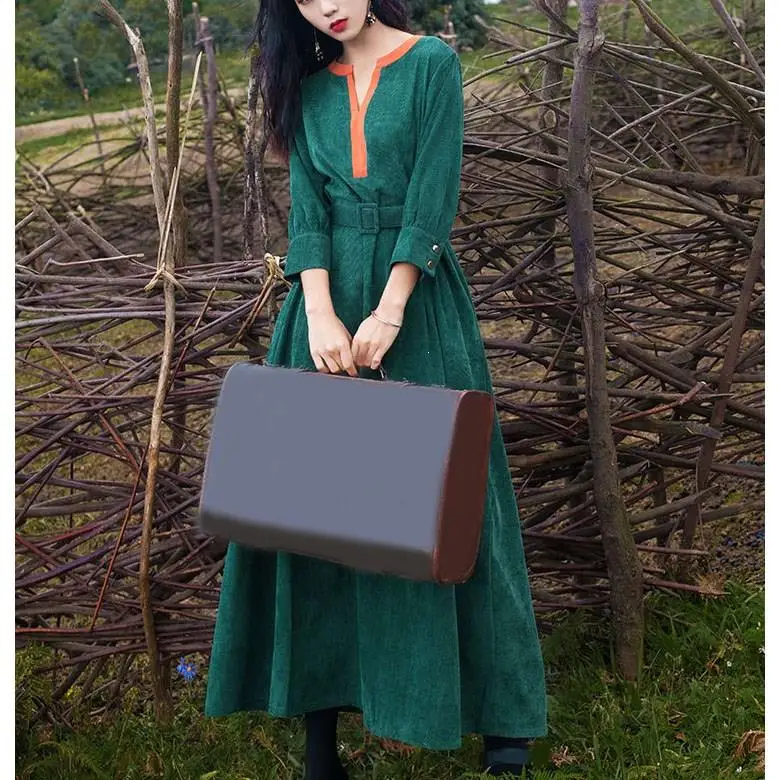 Autumn Retro Women A-Line Dress Three Quarter Sleeve Casual Corduroy Dress V-Neck Vintage Slim Long Dress