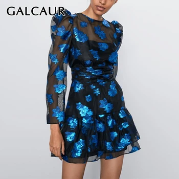 

GALCAUR Print Perspective Mesh Dresses Female O Neck Puff Long Sleeve High Waist Ruffle Mini Dress Women 2020 Fashion Clothes