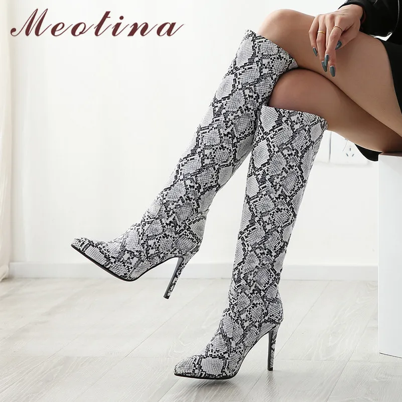 

Meotina Winter Knee High Boots Women Snake Print Thin Heels Long Boots Sexy Super High Heel Shoes Female Autumn Plus Size 34-43