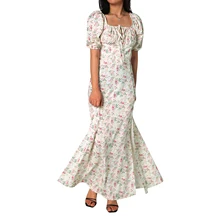 

Women's Fashion Sweet Bubble Sleeve Dress Summer Casual French Style Small Floral Tie Square Neck Split Long Dress