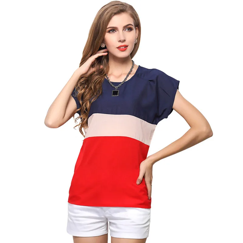 

Women Sexy Loose Casual Short Sleeve T-Shirt Fashion Summer Splice Color Leisure O-Neck Ladies Tops T-Shirt Tees Large Size