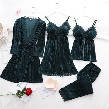 

4 Pcs Sleepwear Women Set Sexy Pajamas Golden Velvet Bathrobe Winter Thick Warm Robe Sets Casual Fashion Homewear Pijama Mujer