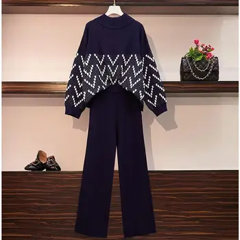 

Women Pullover Print Sweater Wide Leg Trouser Two Piece Sets O-Neck Knitted Jumper Top