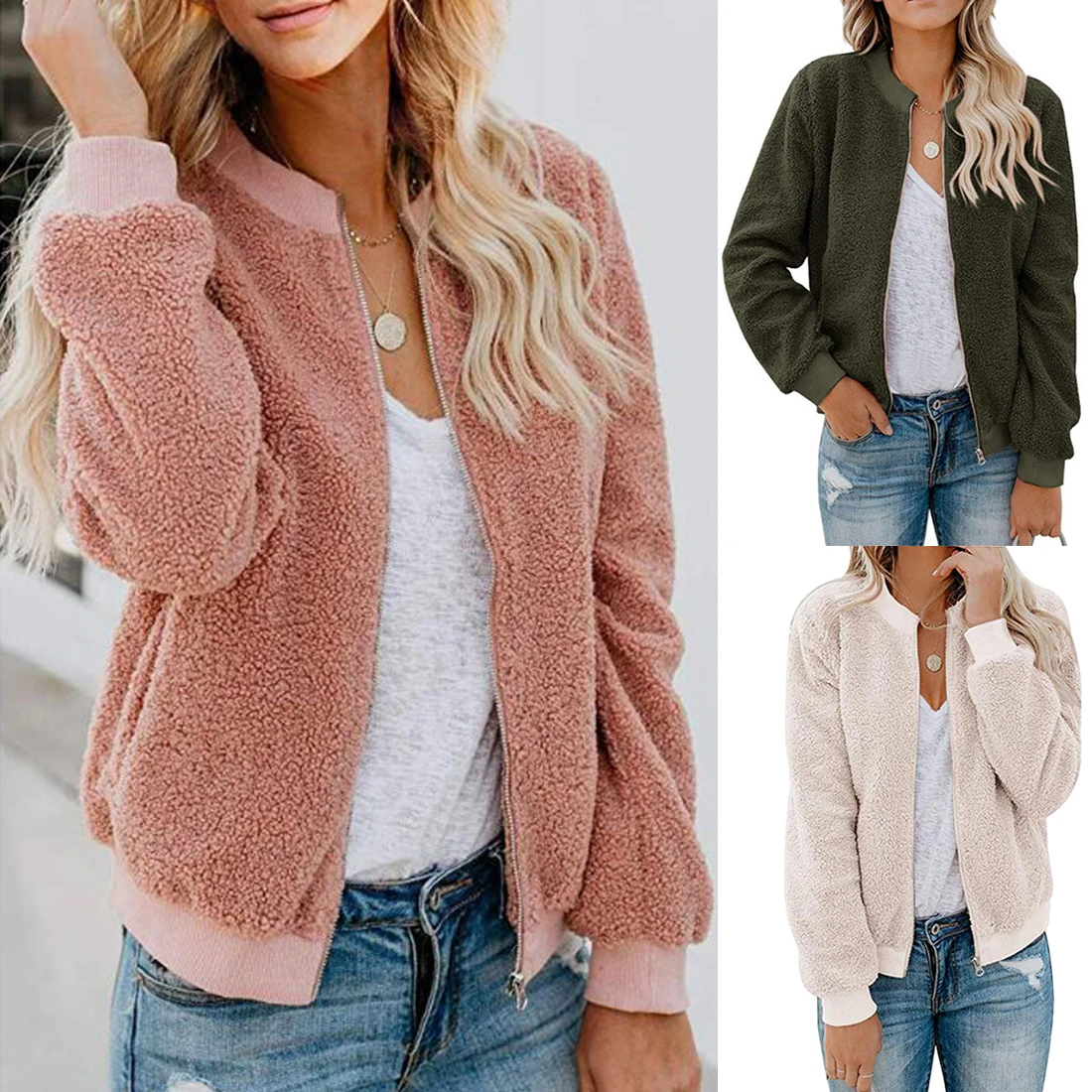

Daily Dating Autumn Winter With Pockets Party Street Zippered Bomber Coat Long Sleeve Stand Collar Stylish Casual Women Jacket