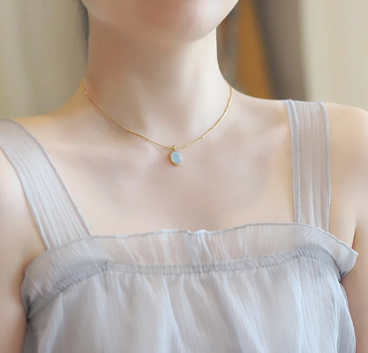 K1Star Sea Blue Oval Sea Blue Treasure Necklace Collarbone Chain Titanium Steel Gold Plated