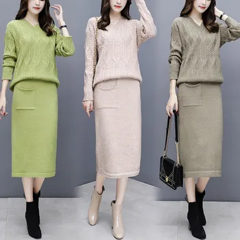 

Pockets Long-sleeve Pullovers Knitted 2 Piece Sets 2019 Winter Runway Elegant Leisure Suit Step Skirt Stretch Crop Top tracksuit