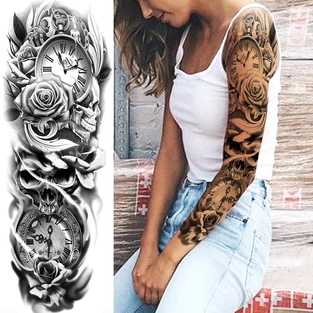 Angel Wings Compass Temporary Tattoo Arm Sleeve For Women Men Adult Clock Fake Tattoos Full Sleeve Black Water Transfer Tattoos Temporary Tattoos Aliexpress