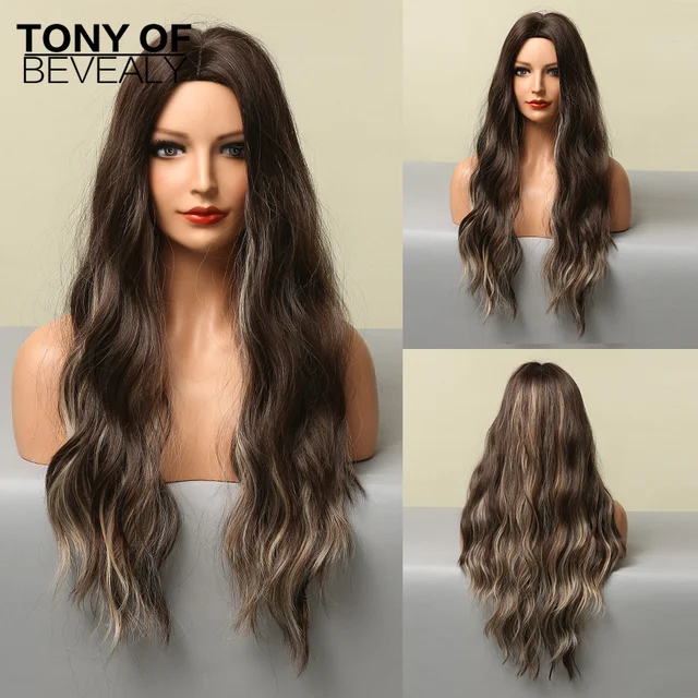 Long Water Wavy Synthetic Wigs Ombre Brown Middle Part Natural Hair Wigs For Women Cosplay Wigs Heat Resistant Fiber LC5305-1