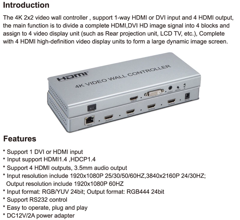 4K HDMI видео настенный контроллер 1X2 2X2 1X4 1 HDMI DVI вход 4 HDMI выход 4K тв процессор изображения сшитый видео настенный процессор