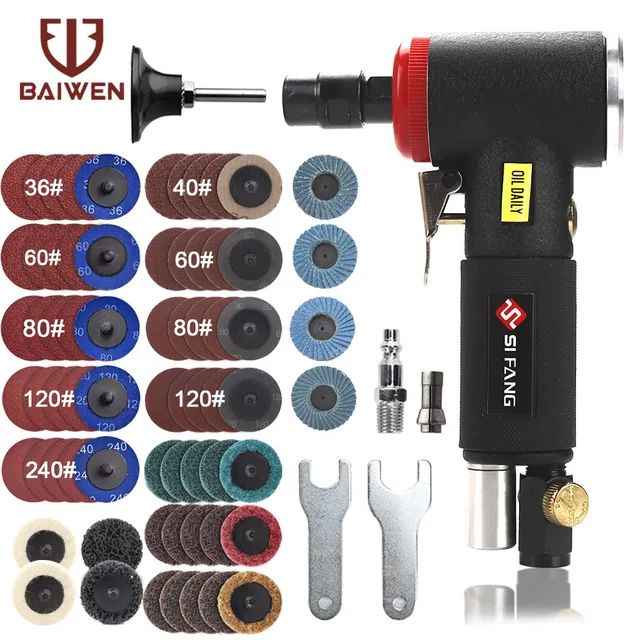 Mini Air Angle Die Grinder 1/4 inch & 1/8 inch Pneumatic Grinding Machine 90 Degree Polisher Mill Engraving Tool Set Black 71pcs Set